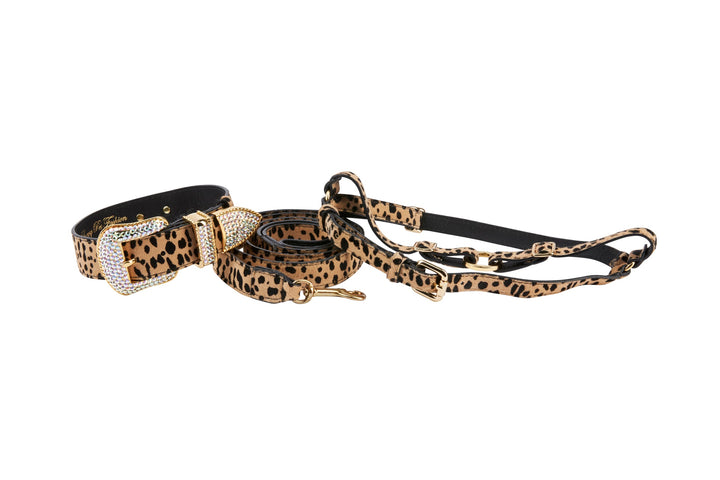 Classic Leopard Print Hair On Hide Italian Leather Swarovski Crystal Collar, Leash &amp; Harness Set