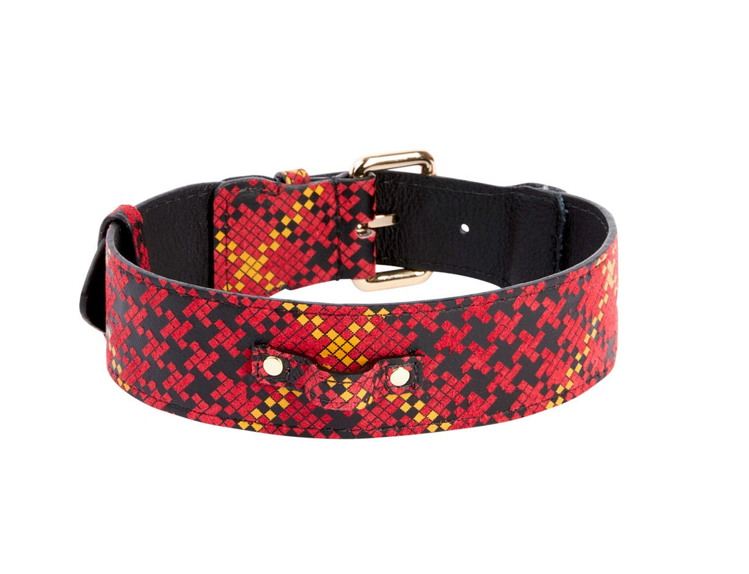 Red, Black &amp; Yellow Elegant Plaid Italian Leather Collar With Gold Classic Hardware
