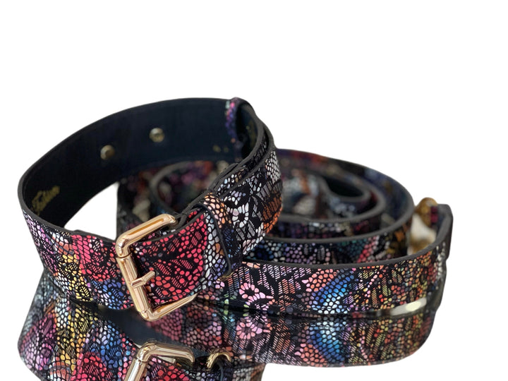 Luxury Pet Fashion Black Floral Lace Italian Leather Collar &amp; Leash Set With Gold Classic Hardware