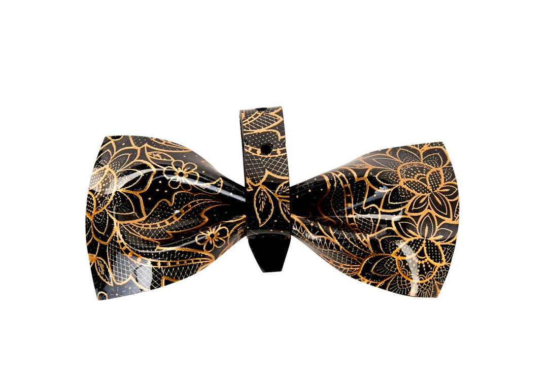 Black &amp; Gold Floral Print Patent Italian Leather Bowtie