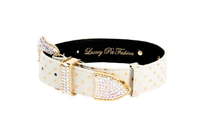 White &amp; Gold Polka Dot Italian Leather Collar With Swarovski Crystal Hardware
