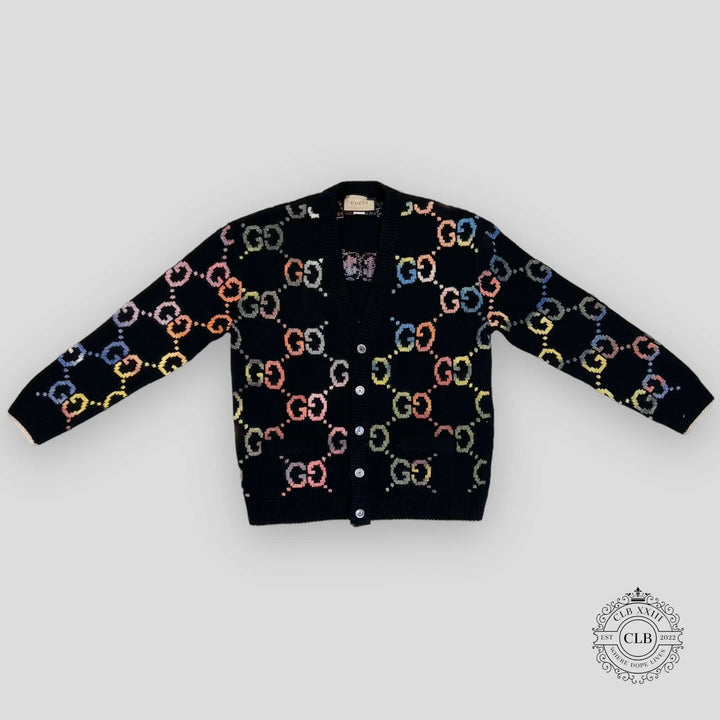 GUCCI GG MOTIF KNIT CARDIGAN - BLACK/MULTICOLOR