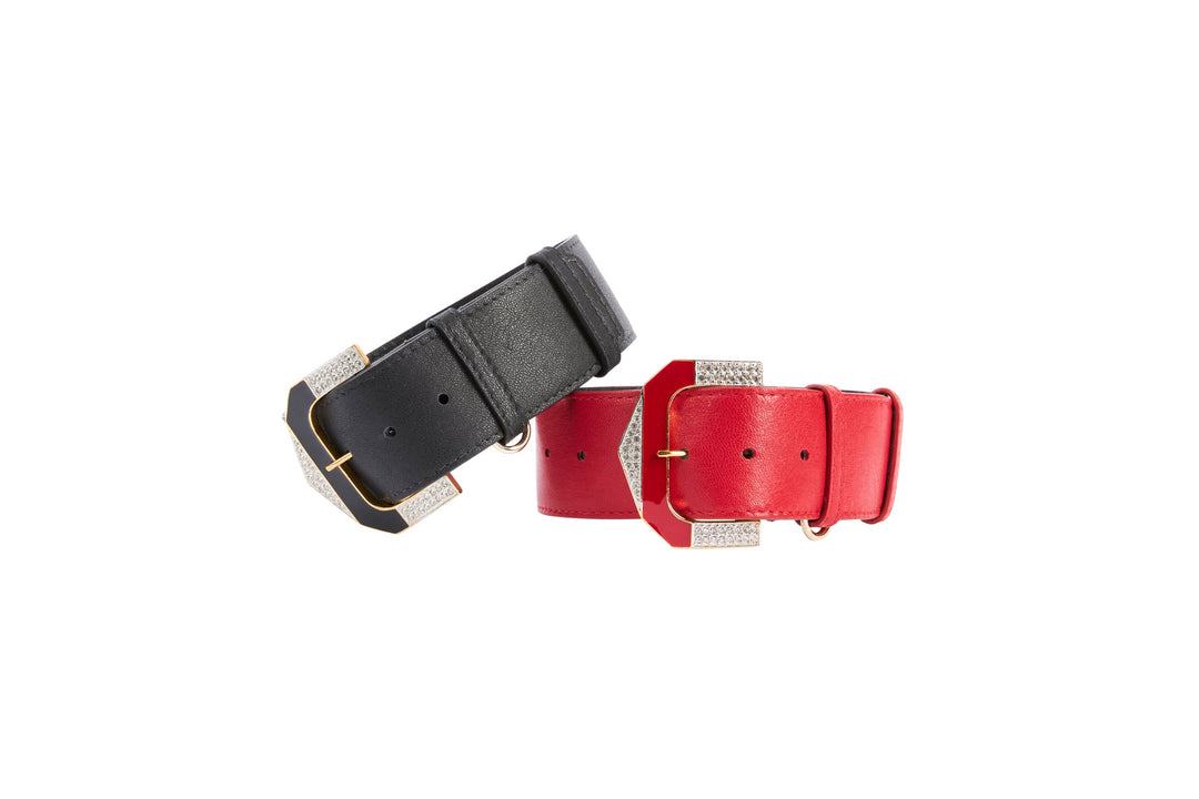 Black Italian Leather &amp; Red Italian Leather Collar Set With Custom Hollywood Glam Italian Hardware