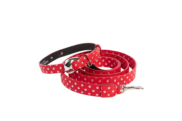 Red &amp; Silver Polka Dot Italian Leather Collar &amp; Leash Set With Silver Oval Hardware