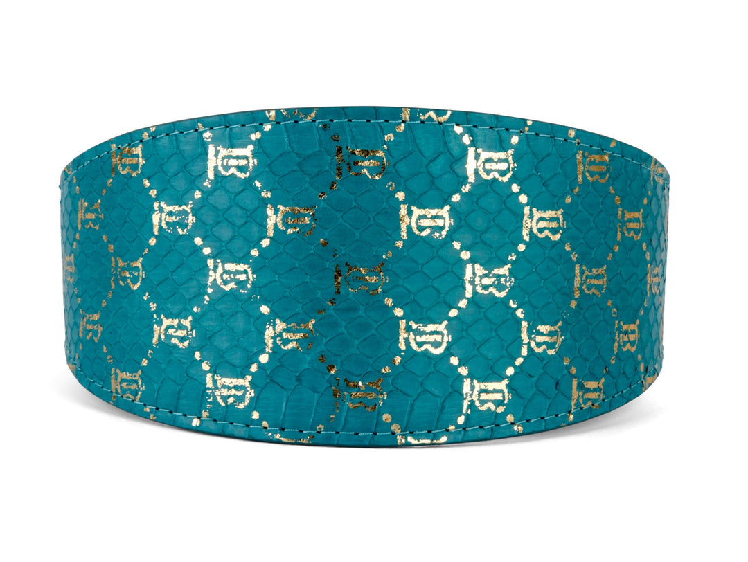 Teal &amp; Gold Monogram Snake 3” Wide Style Collar