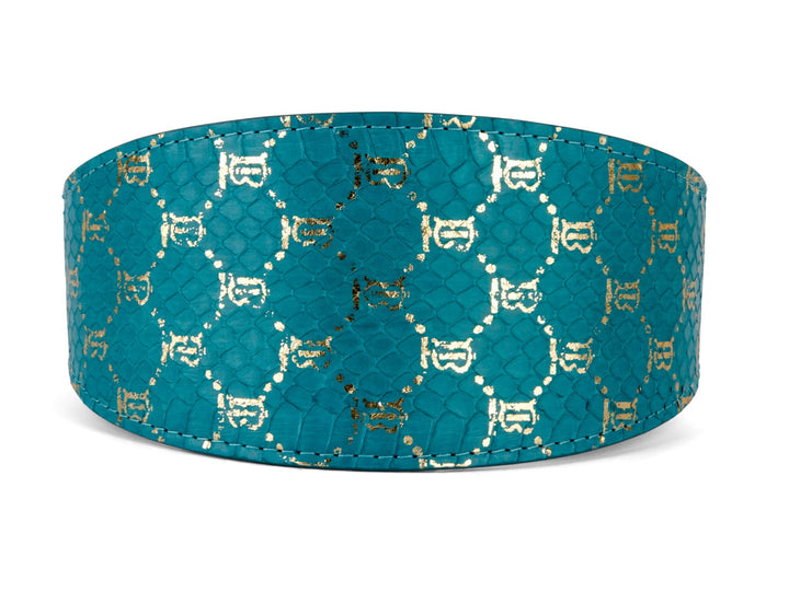 Teal &amp; Gold Monogram Snake 3” Wide Style Collar