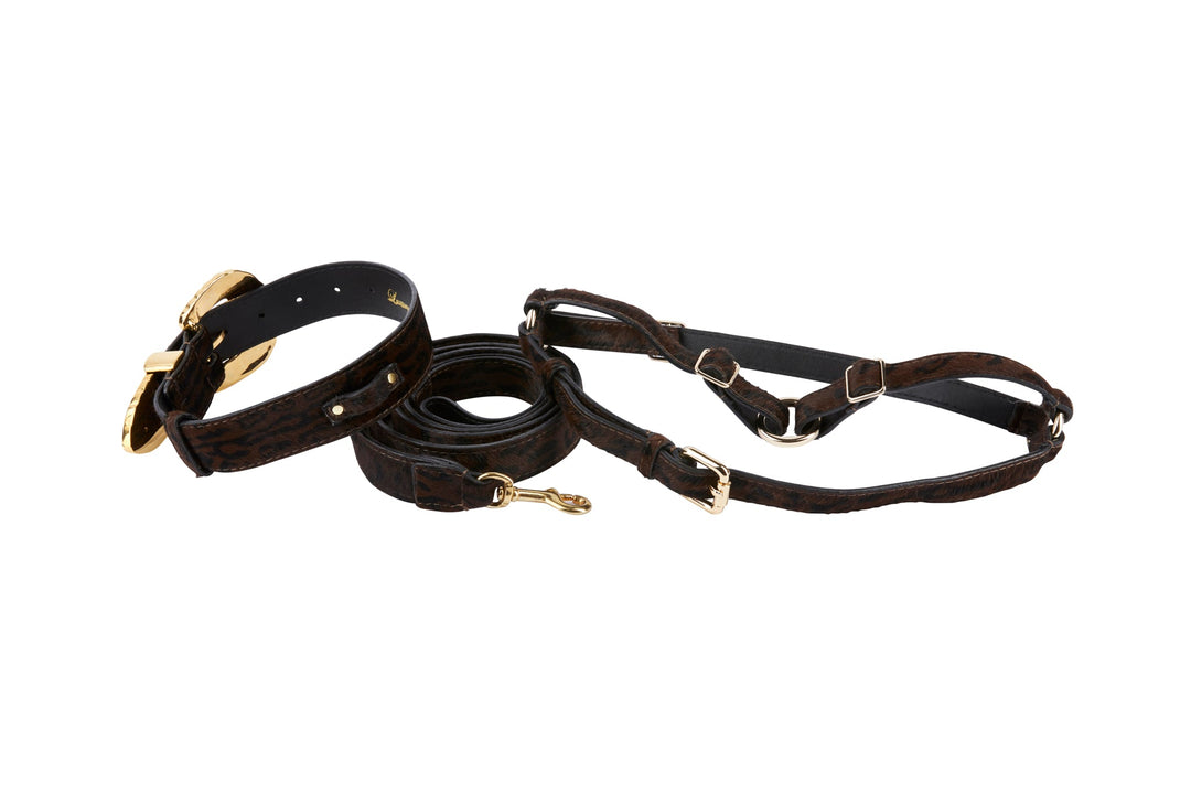 Dark Leopard Hair On Hide Italian Leather, Ornate Italian Swarovski Crystal Hardware Collar, Leash, Harness Set