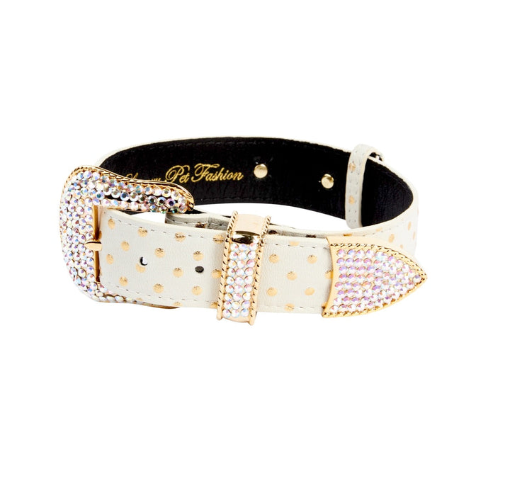 White &amp; Gold Polka Dot Italian Leather Collar With Swarovski Crystal Hardware