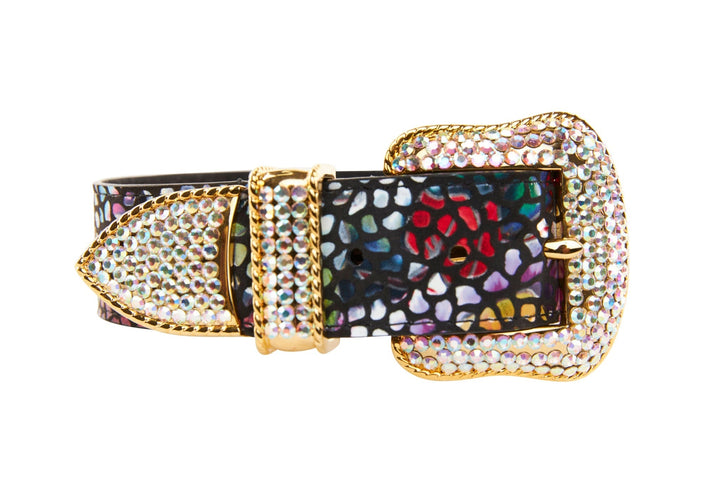 Luxury Pet Fashion Black Floral Mosaic Italian Leather With Gold Swarovski Crystal Hardware