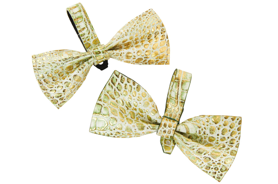 Green &amp; Gold Embossed Croc Italian Leather Bowtie Set Of 2