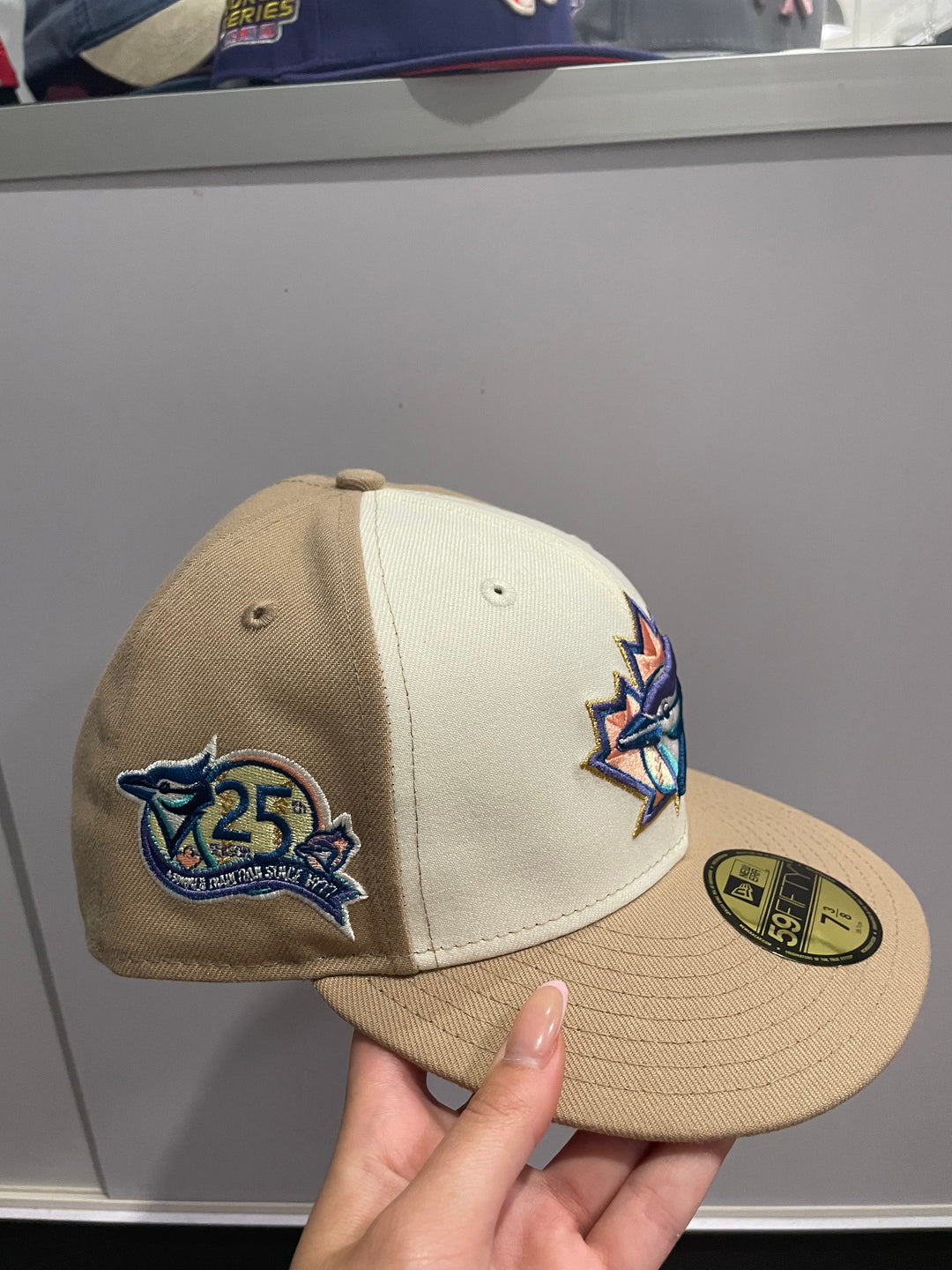 New Era 59 Fifty Sugar Shack 2.0 Toronto Blue Jays 25th Anniversary Patch Rail Hat - White, Tan, Lavender