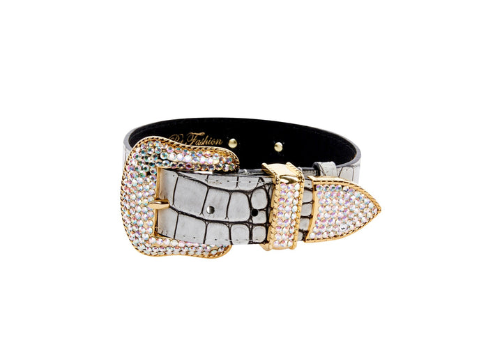 Dark Brown/Off White Embossed Croc Italian Leather Collar With Gold Swarovski Hardware