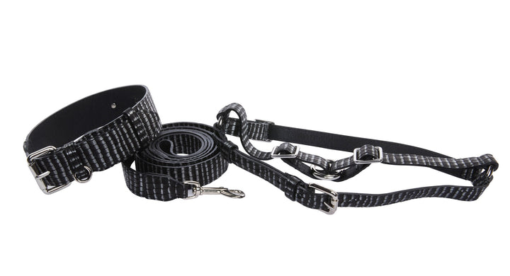Black &amp; Silver Striped Italian Leather Classic Collar, Leash &amp; Harness Set With Silver Hardware