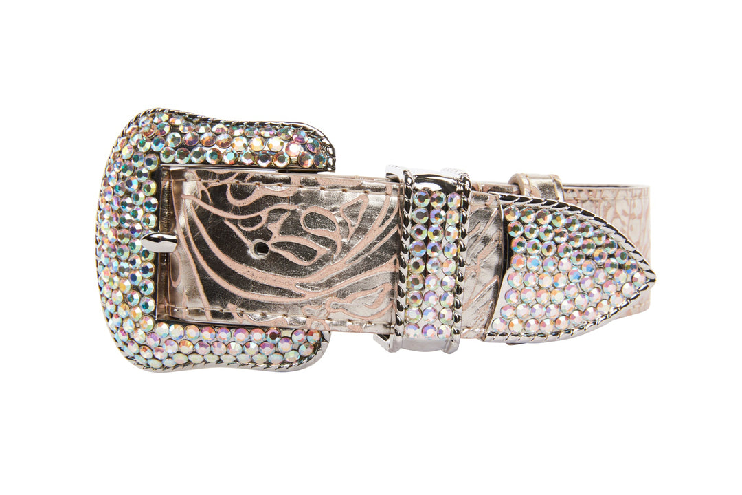 Soft Pink/Silver Floral Print Italian Leather With Silver Swarovski Crystal Hardware
