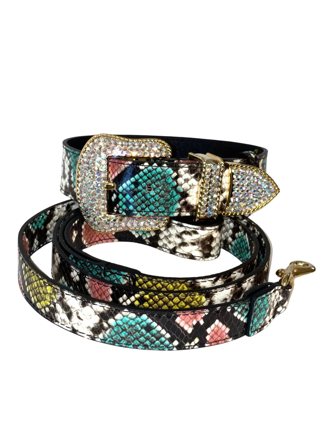 Multi-Color Embossed Snake Italian Leather Collar &amp; Leash Set, with our Italian Made Swarovski Crystal Hardware