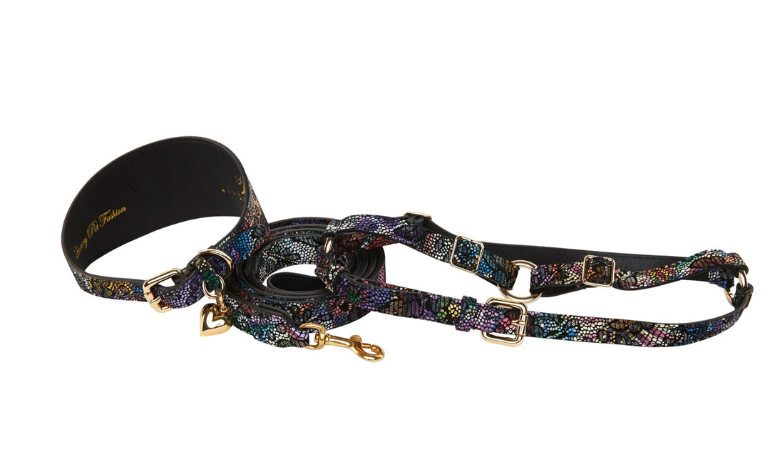 Floral/Lace Embossed Italian Leather 3” Wide Style  Collar, Leash, Harness Set