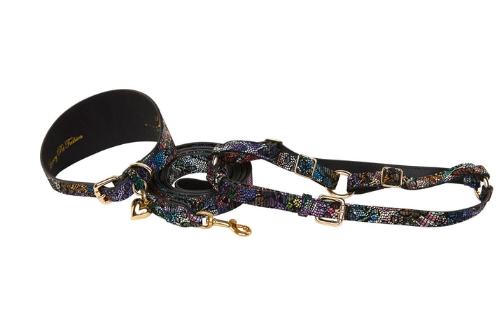Floral/Lace Embossed Italian Leather 3” Wide Style  Collar, Leash, Harness Set