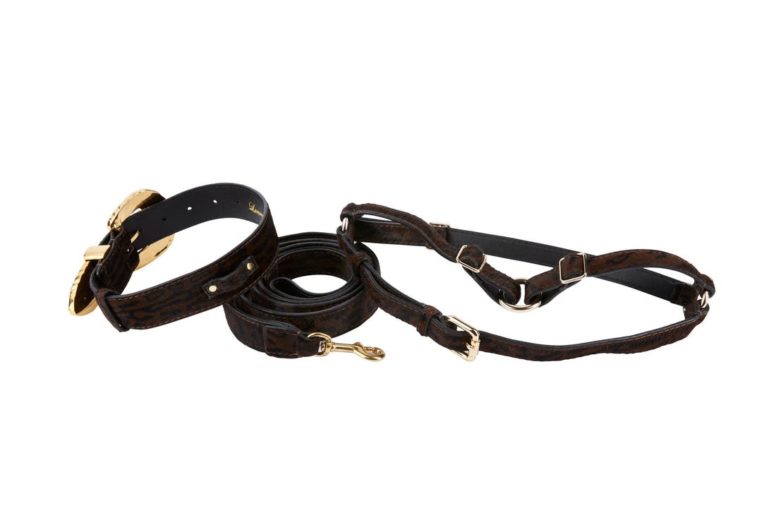 Dark Leopard Hair On Hide Italian Leather, Ornate Italian Swarovski Crystal Hardware Collar, Leash, Harness Set