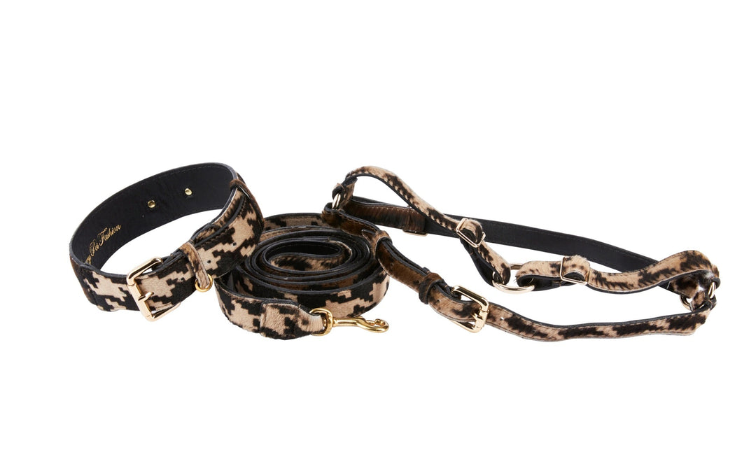 Houndstooth Hair On Hide On Hide Italian Leather Collar, Leash, Harness Set With Classic Hardware