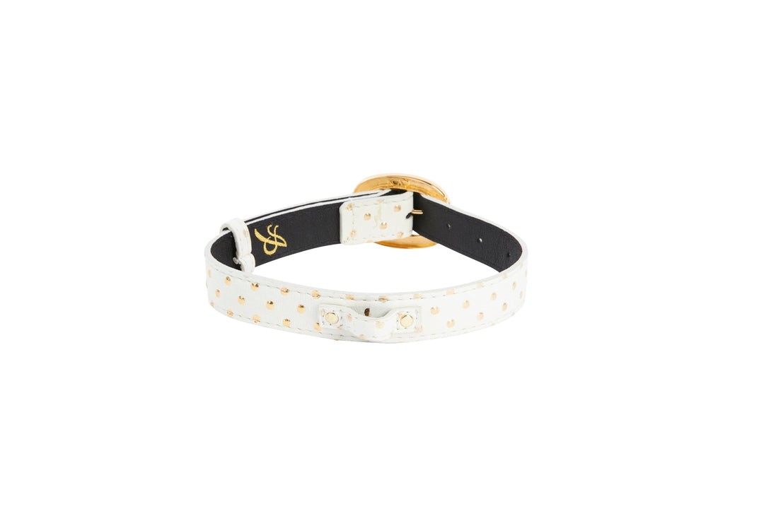 White &amp; Gold Polka Dot Italian Leather Collar With Orante Italian Hardware