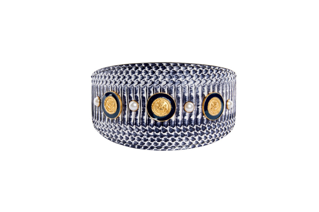 Nautical Collection. White &amp; Navy Snake With Nautical Navy &amp; Gold Rivets &amp; Pearls