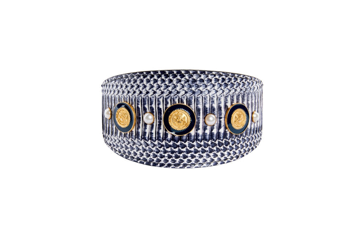 Nautical Collection. White &amp; Navy Snake With Nautical Navy &amp; Gold Rivets &amp; Pearls