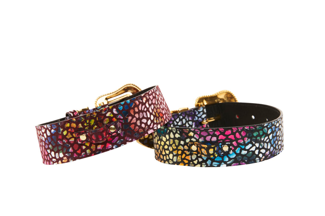 Luxury Pet Fashion Burgundy Floral Mosaic &amp; Black Floral Mosaic Italian Leather With Silver Swarovski Crystal Hardware Collars