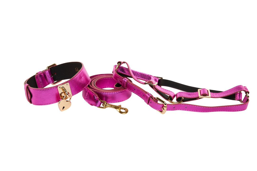 Pink Foil Italian Leather Reversible Heart Locket/Classic Collar, Leash, Harness Set