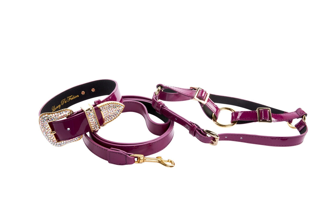 Purple Patent Italian Leather/Swarovski Crystal Hardware Collar, Leash &amp; Harness Set