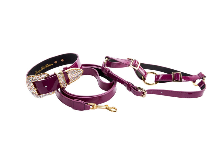 Purple Patent Italian Leather/Swarovski Crystal Hardware Collar, Leash &amp; Harness Set