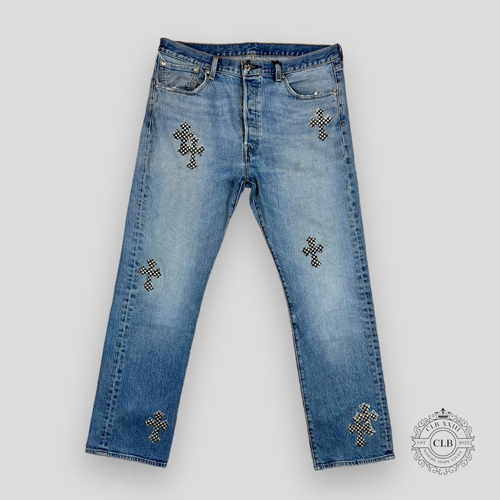 CHROME HEARTS X LEVI CHECKERED CROSS PATCH JEANS