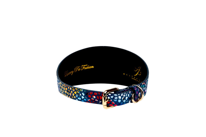 Dark Midnight Blue Floral Mosaic Italian Leather 3” Wide Style Collar