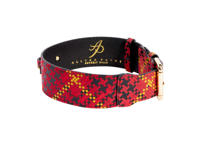 Red, Black &amp; Yellow Elegant Plaid Italian Leather Collar With Gold Classic Hardware