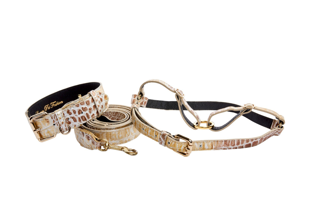 Silver/Bronze/Gold Italian Leather Embossed Croc Classic Collar, Leash &amp; Harness Set