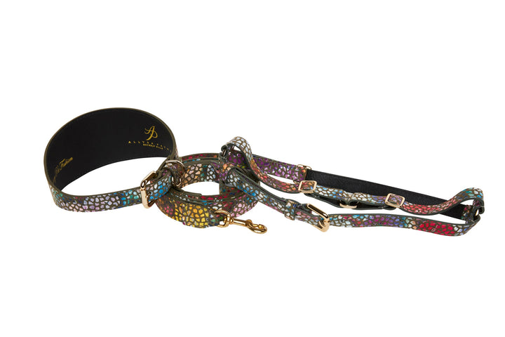 Olive Floral Mosaic Italian Leather 3” Wide Style Collar, Leash &amp; Harness Set