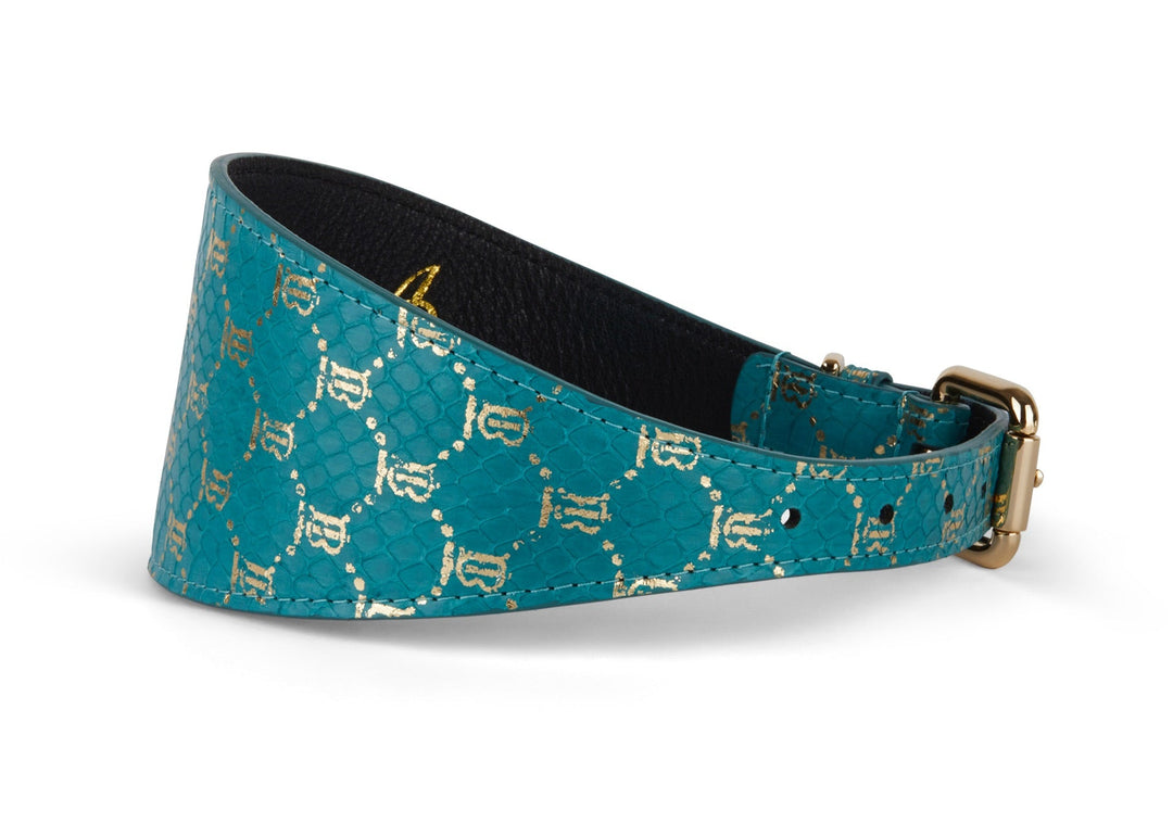 Teal &amp; Gold Monogram Snake 3” Wide Style Collar