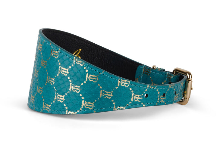 Teal &amp; Gold Monogram Snake 3” Wide Style Collar