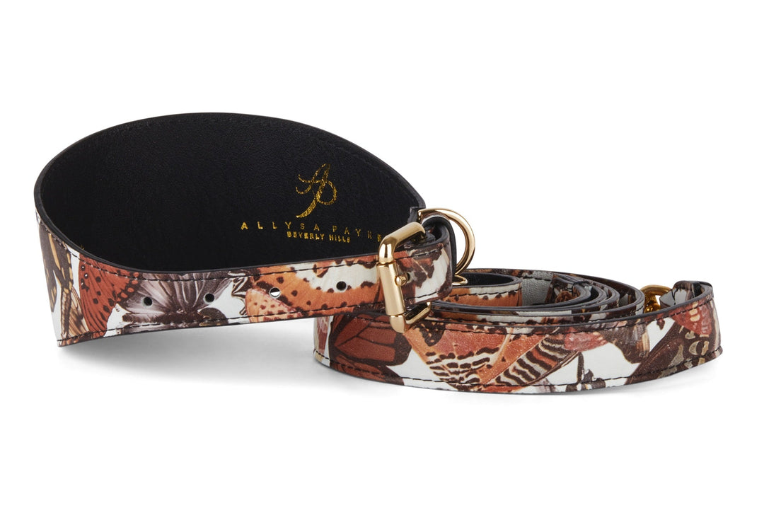 Butterfly Print Italian Leather 3” Wide Style Collar &amp; Matching Leash Set