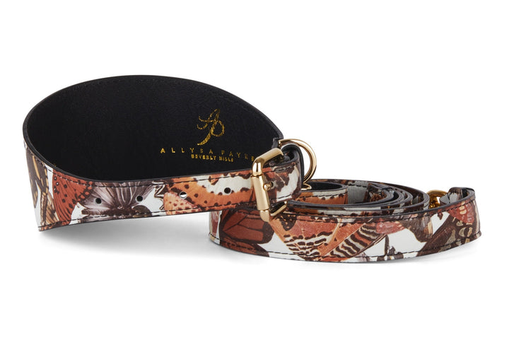 Butterfly Print Italian Leather 3” Wide Style Collar &amp; Matching Leash Set