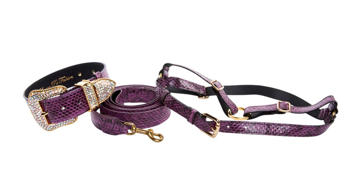 Purple &amp; Black Viper Snake Swarovski Collar, Leash, Harness Set