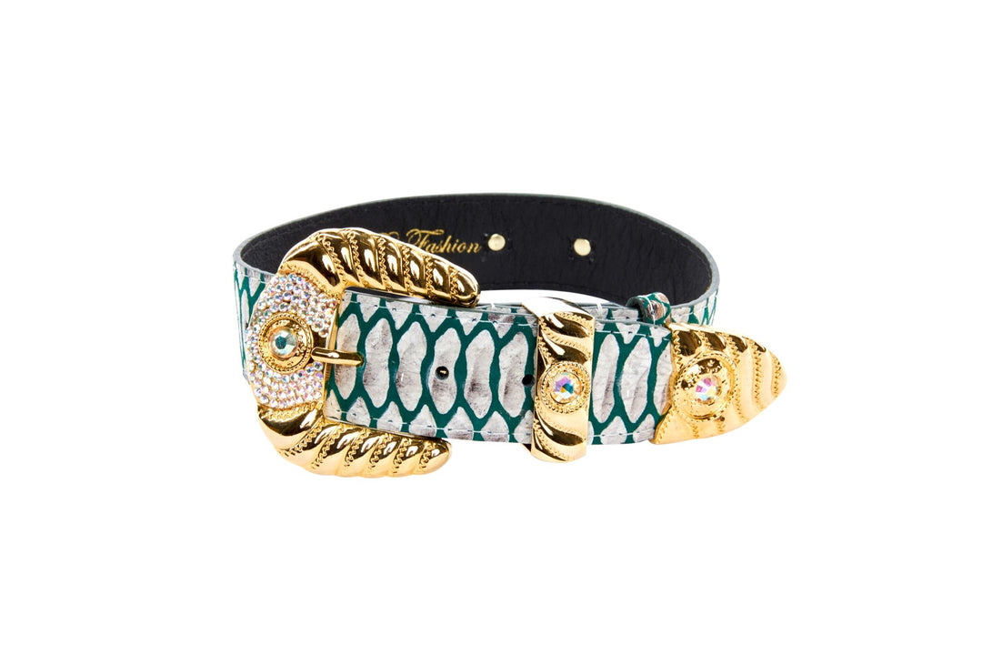 Green &amp; Off White Embossed Python Print Italian Leather With Ornate Swarovski Crystal Hardware