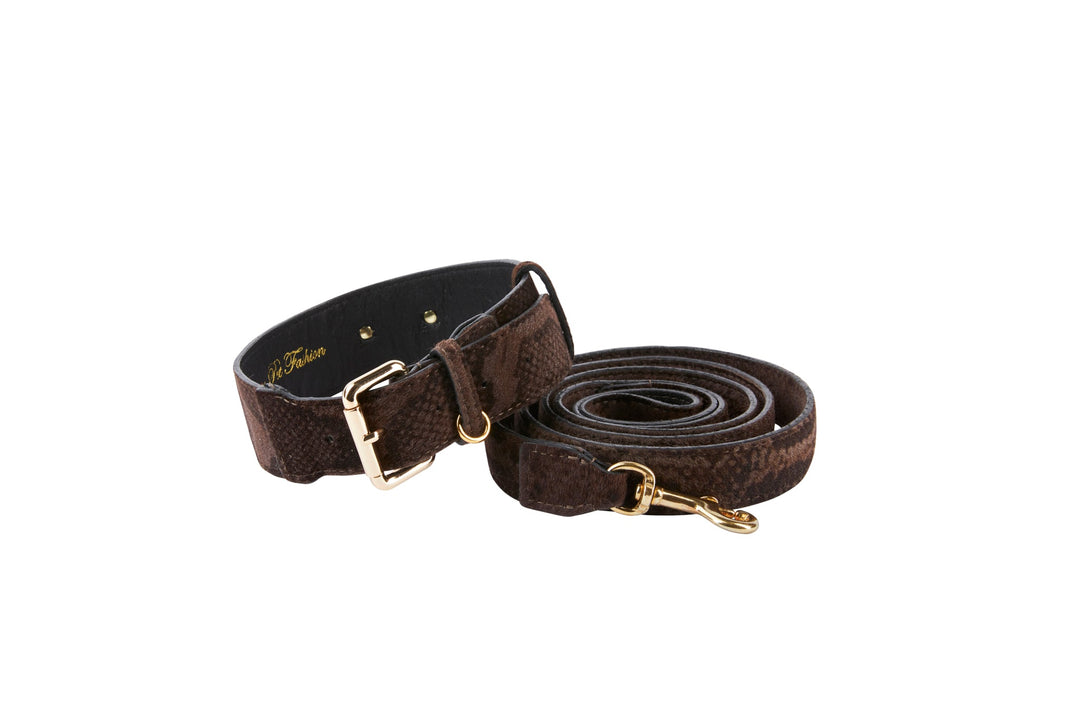 Brown Snake Print Hair On Hide Italian Leather With Classic Hardware Collar &amp; Leash Set