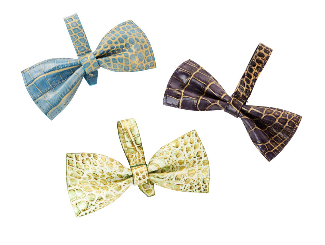 Blue, Purple &amp; Green/Gold Embossed Croc Italian Leather Bowtie Set Of 3