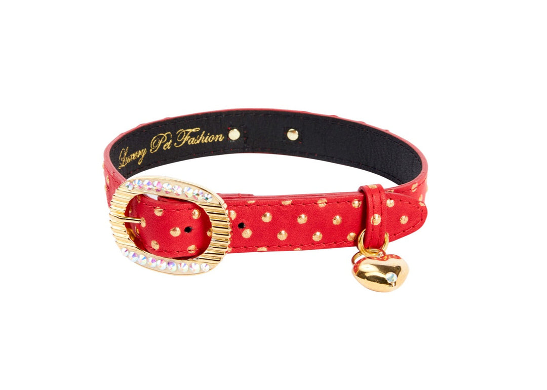 Red &amp; Gold Polka Dot Italian Leather Collar With Italian/Swarovski Hardware &amp; Heart Charm