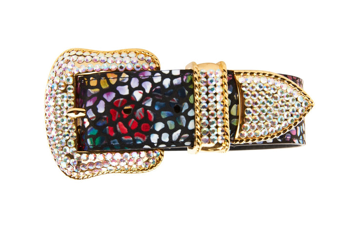 Luxury Pet Fashion Black Floral Mosaic Italian Leather With Gold Swarovski Crystal Hardware