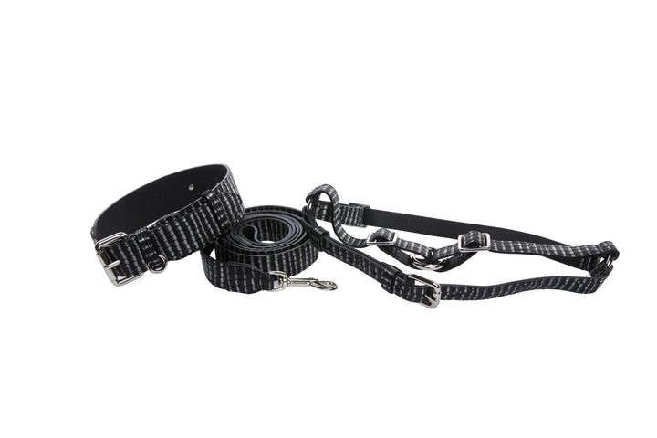 Black &amp; Silver Striped Italian Leather Classic Collar, Leash &amp; Harness Set With Silver Hardware