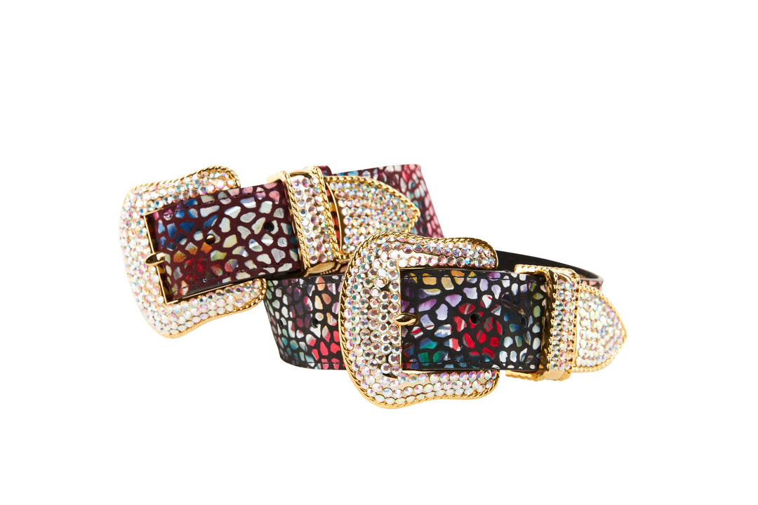 Luxury Pet Fashion Burgundy Floral Mosaic &amp; Black Floral Mosaic Italian Leather With Silver Swarovski Crystal Hardware Collars