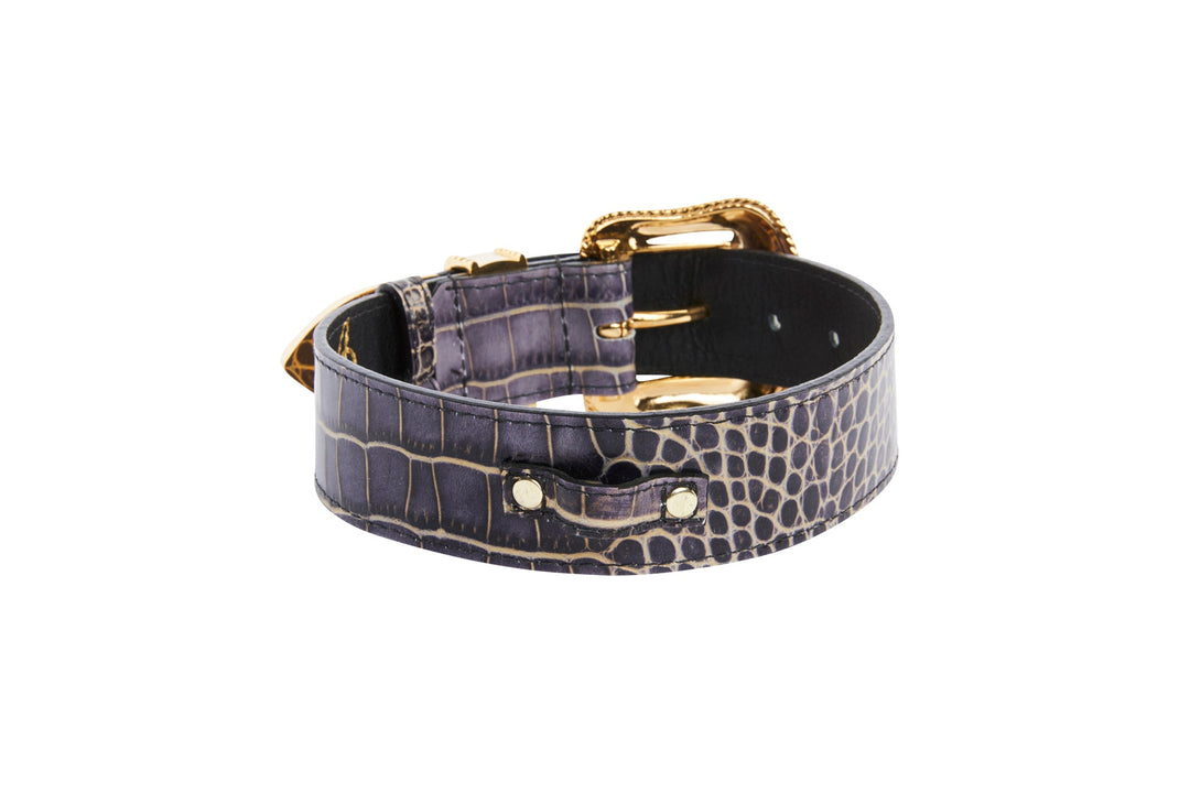 Purple &amp; Gold Embossed Croc Italian Leather/Swarovski Crystal Collar