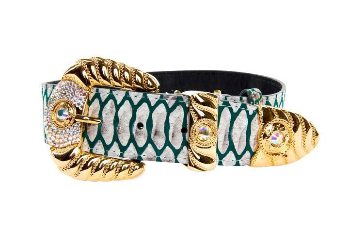 Green &amp; Off White Embossed Python Print Italian Leather With Ornate Swarovski Crystal Hardware