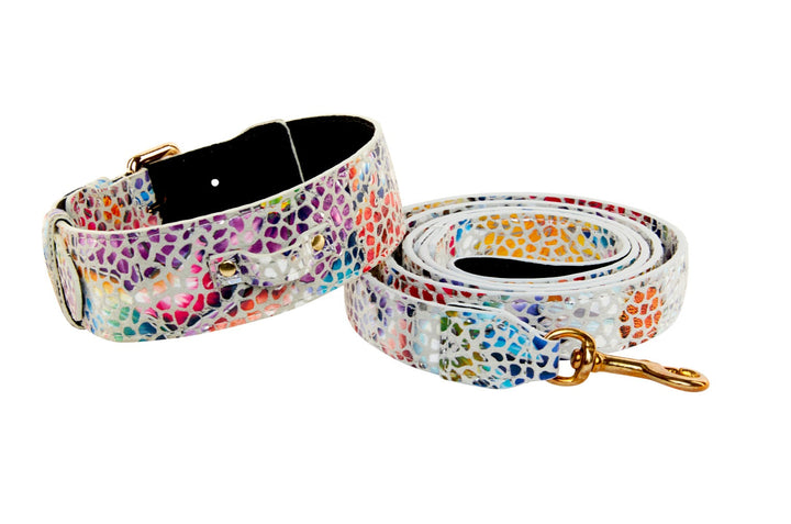 White Floral Mosaic Italian Leather Collar &amp; Leash Set With Gold Classic Hardware